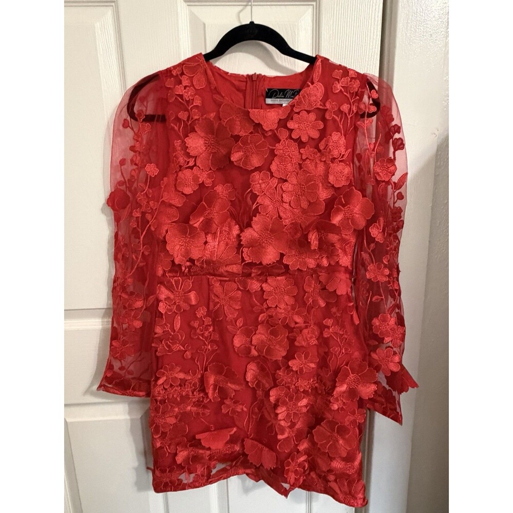 Dalia MacPhee Red 3D Floral Embroidered Mesh Cocktail Dress Size Large